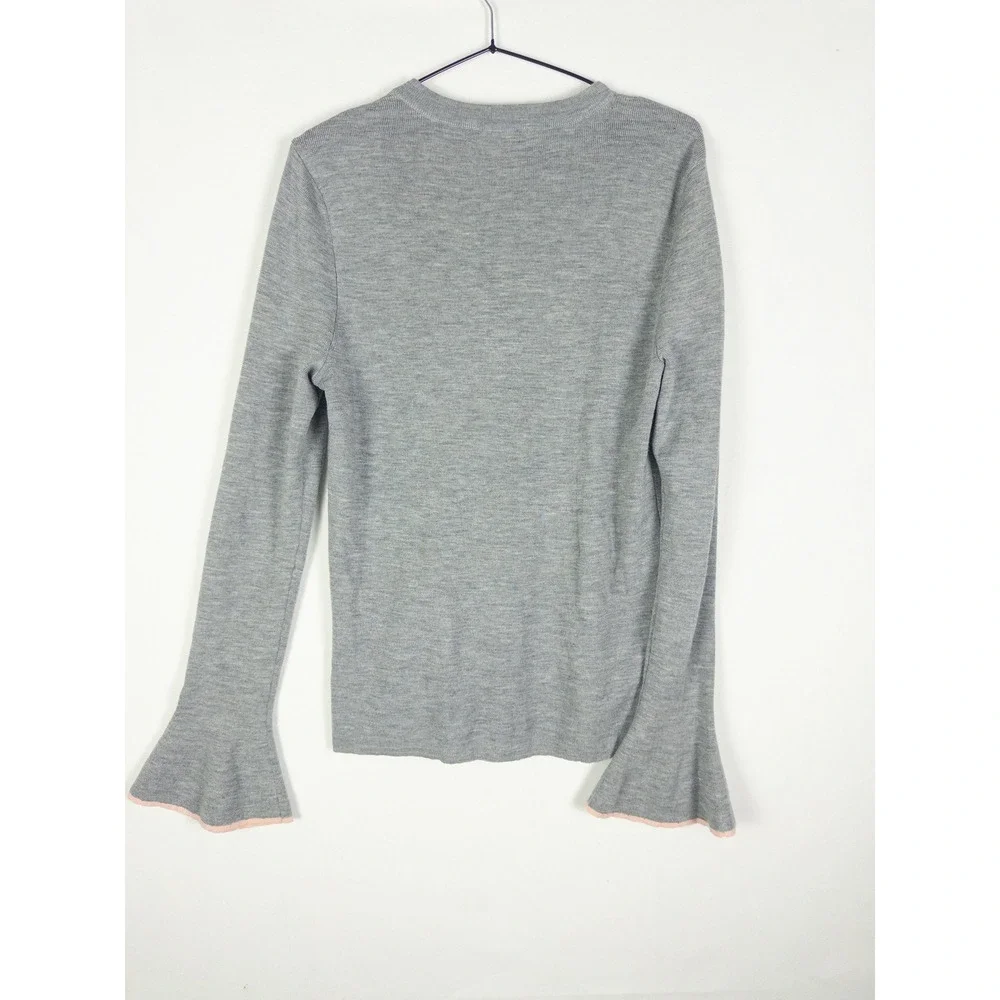 Tory Burch Merino Wool Crewneck Sweater Womens M Gray Bell Sleeve Gold Logo Quie